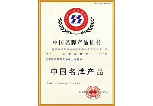 中国名牌产品证书